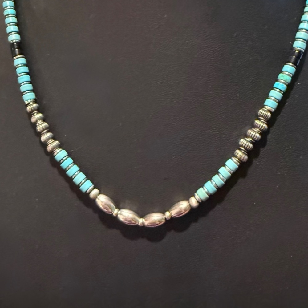 Southwestern Vintage Navajo Style Sterling Silver Turquoise Onyx Bead Necklace